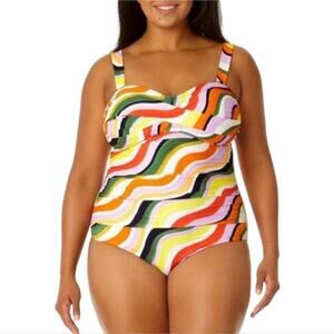 Anne Cole Women's Orange Shirred Maillot Colorful Tropical 1‎ Pc Swim Suit 20 2X